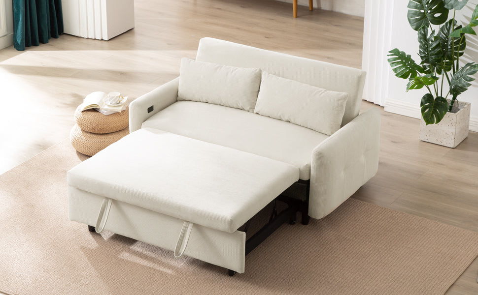 Modern Convertible Pull-out Sofa Bed with USB Ports and Pillows, Beige Corduroy, 57.48 inches