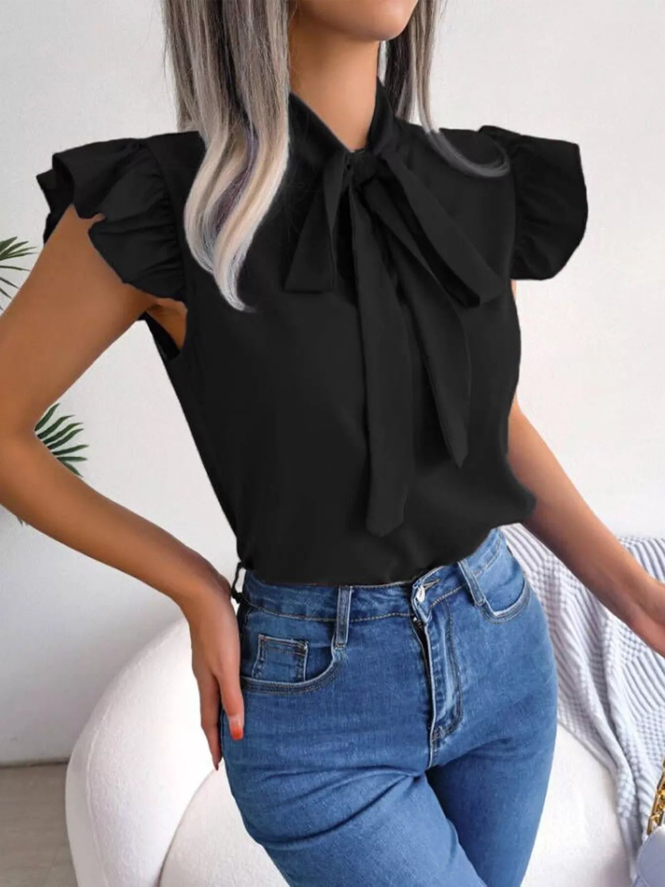 Bow Tie Ruffle Sleeve Blouse