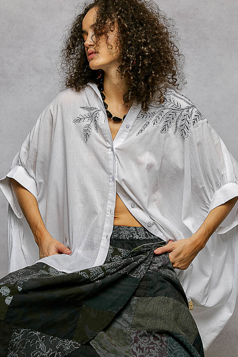 POL Button Down Embroidered Floral High-Low Hem Shirt