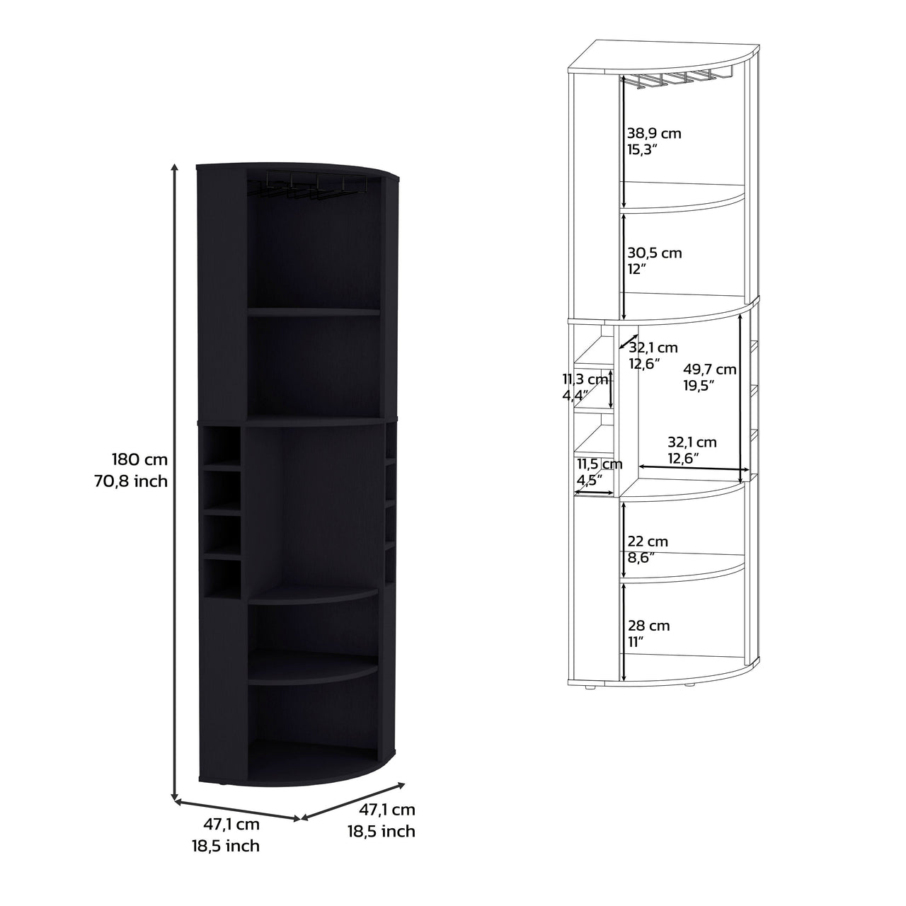 71' Corner Bar Cabinet with Five Shelves, Eight Bottle Cubbies and Stemware,Black