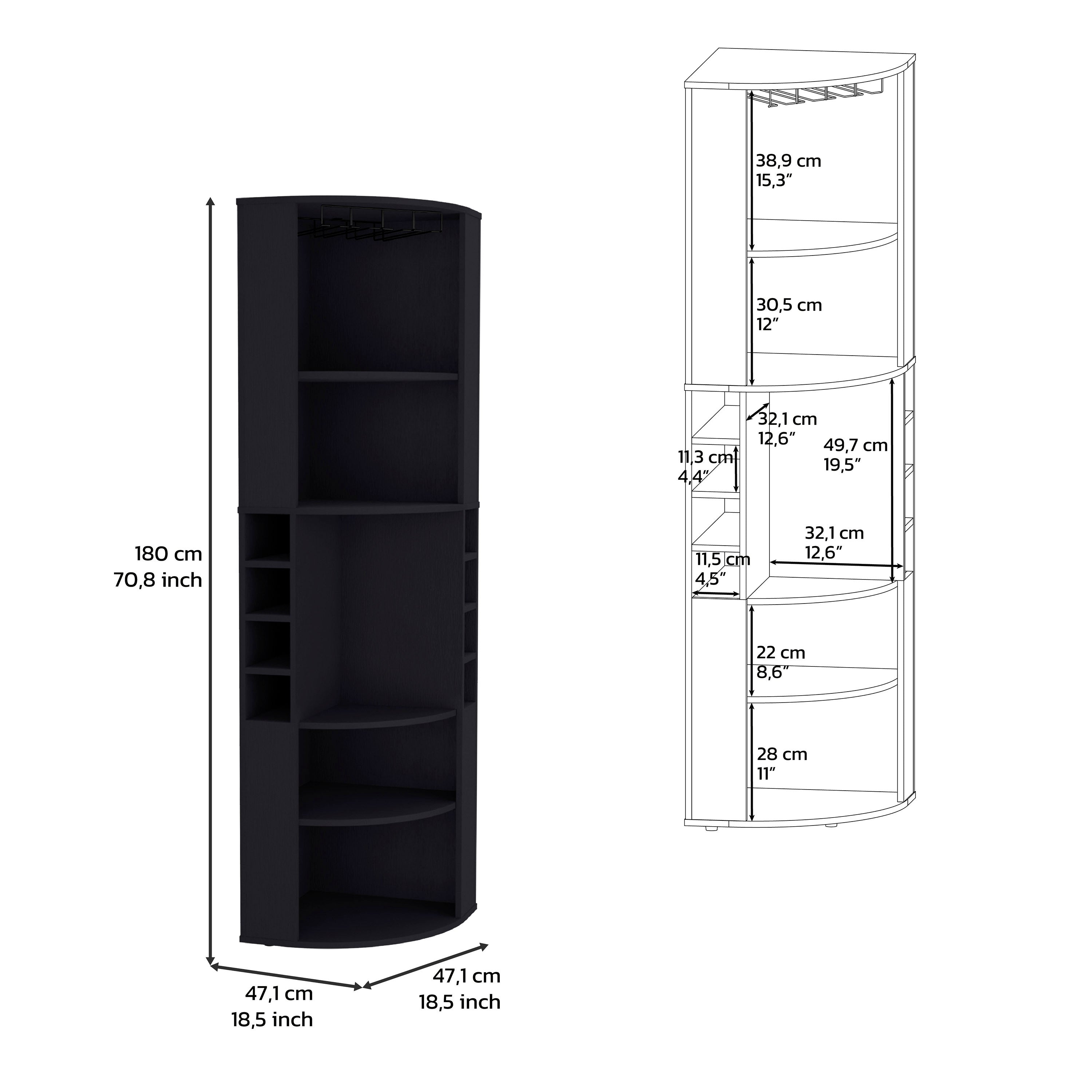 71' Corner Bar Cabinet with Five Shelves, Eight Bottle Cubbies and Stemware,Black