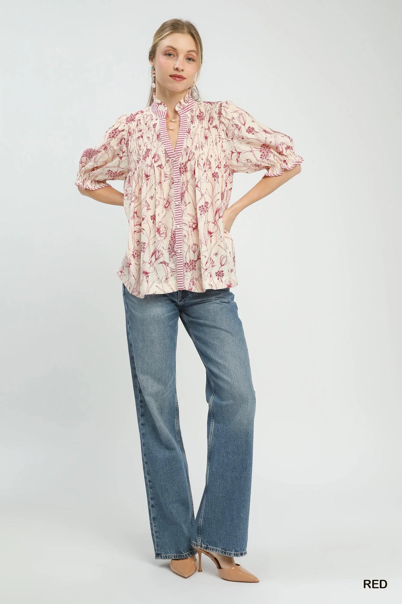 Umgee Mixed Print Button Front Top