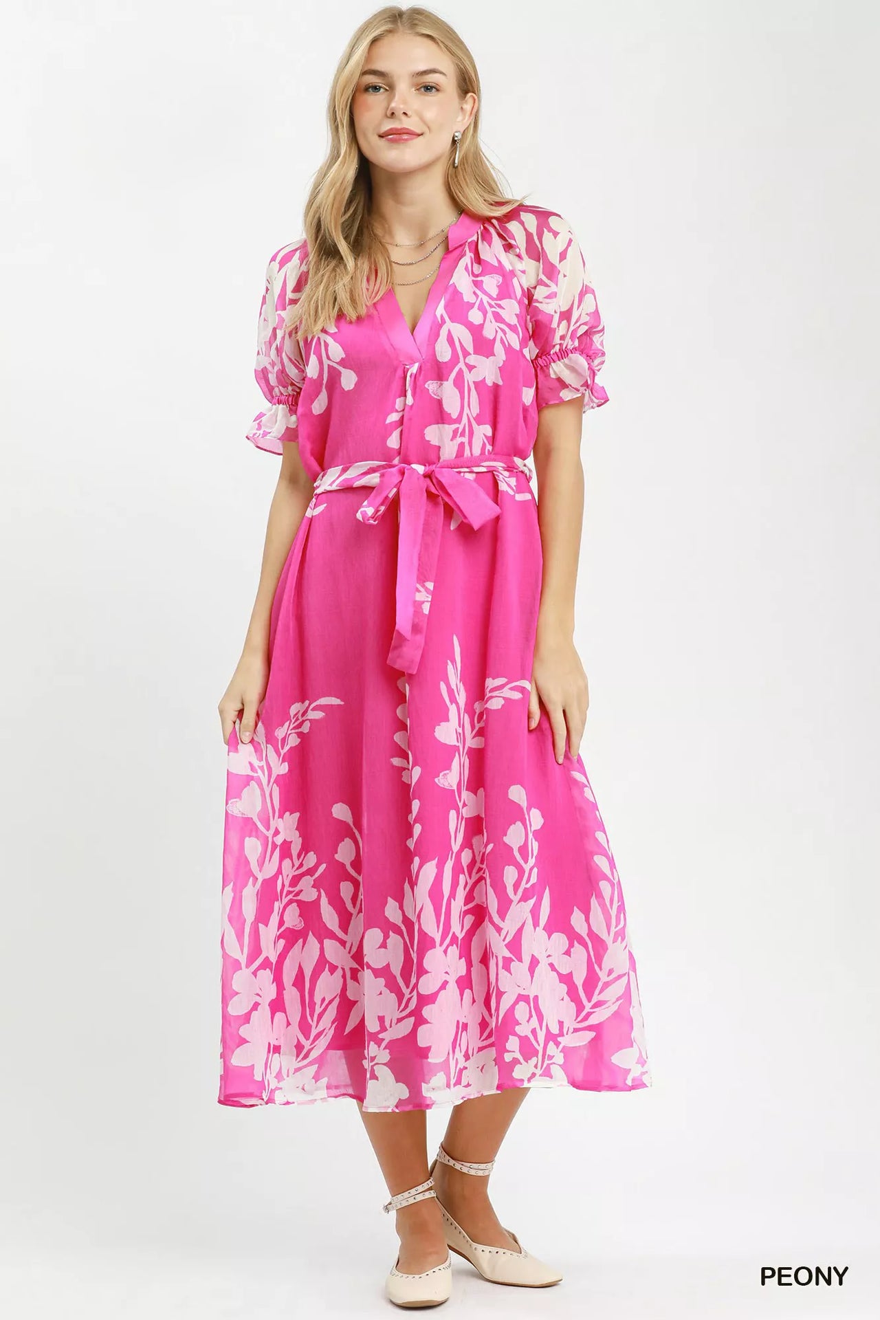 Umgee Floral Print Tie Waist Midi Dress with Side Pockets
