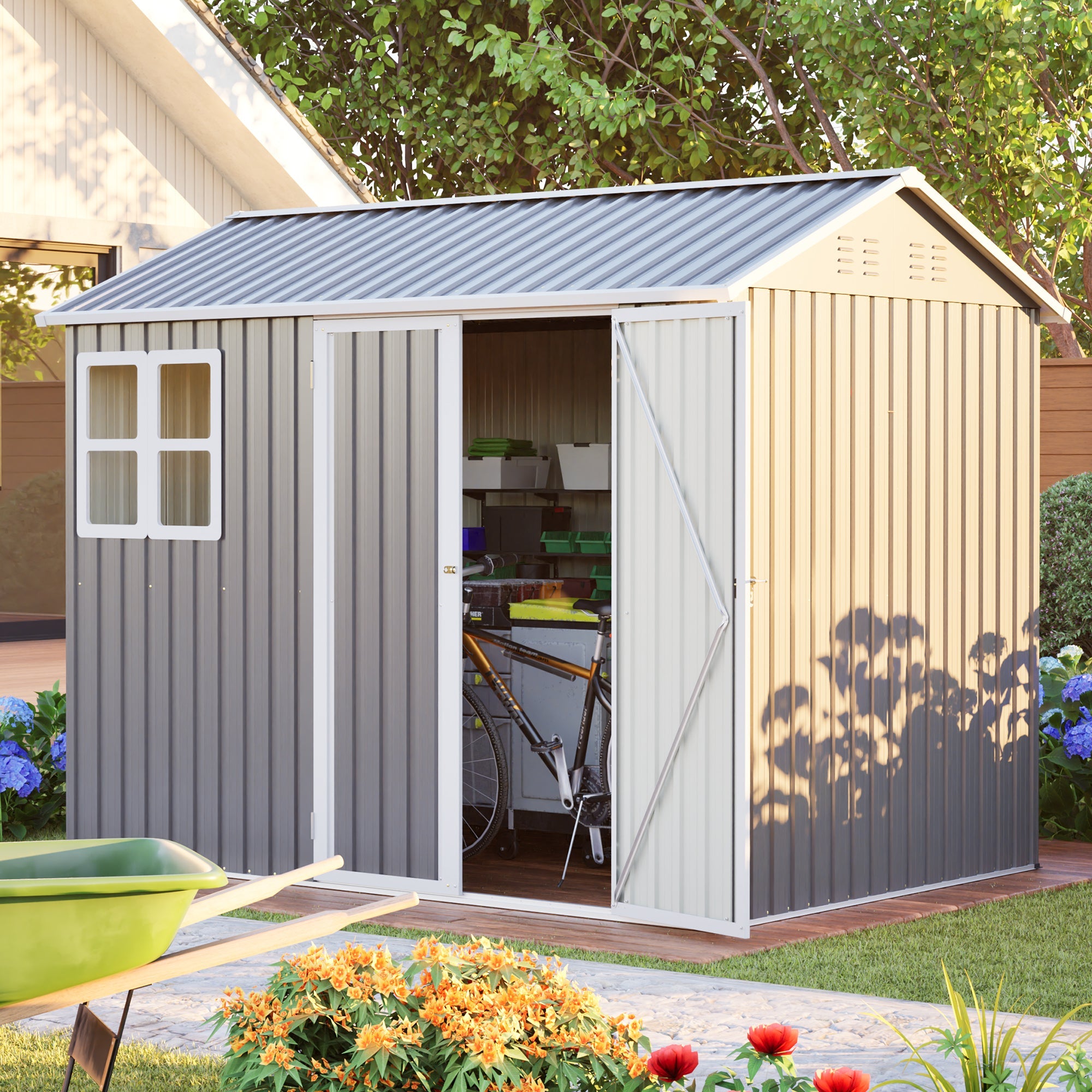 8'x6' Large Steel Storage Shed with Window, Lockable Doors & Sloped Roof, Heavy Duty Outdoor Tool Shed for Garden, Patio, Backyard, Lawn - Dark Gray