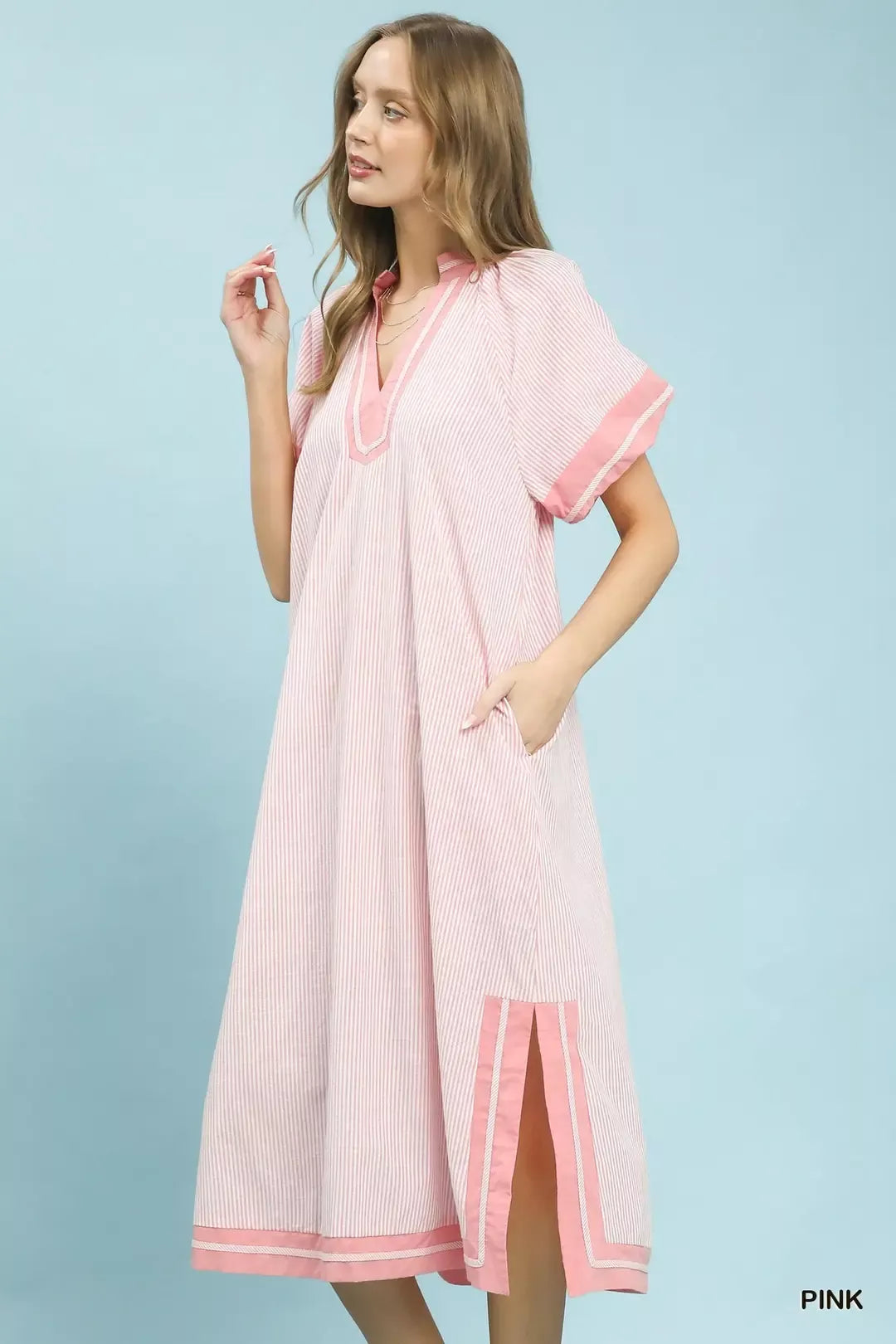 Umgee Pinstripe Contrast Trim Midi Dress