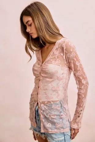 BiBi Bow Pattern Shrried V-neck Mesh Cardigan Top