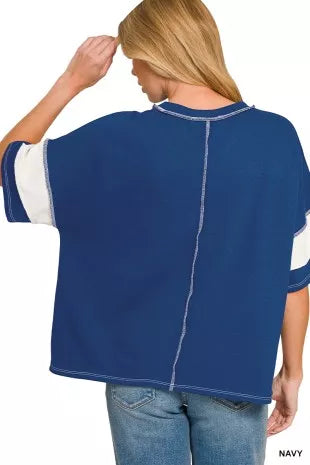 Zenana French Terry Striped Exposed Seam Top