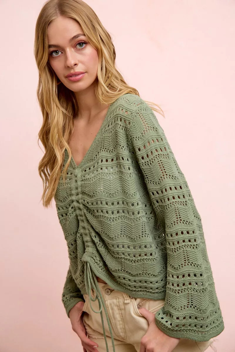 BiBi Pointelle Knit V Neck Ruched Front Lightweight Top