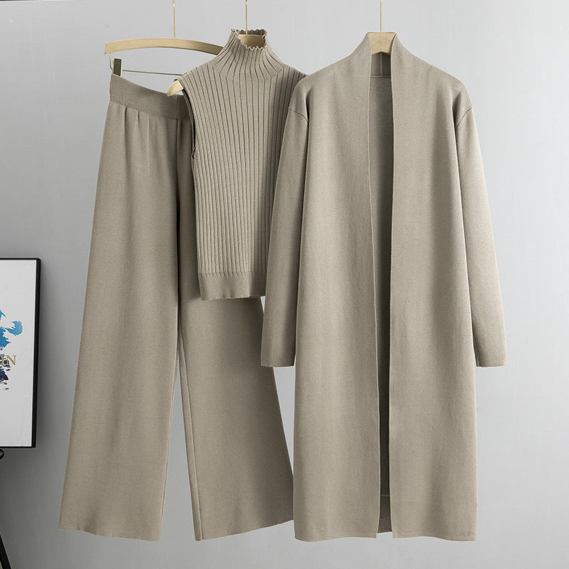 3pcs Suits Women Fashion Knitting Sleeveless Vest Sweater Long Cardigan And Wide-leg Pants Three-piece Set (See size chart where applicable)