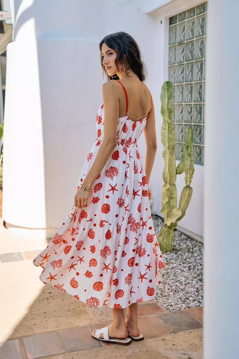SO ME Shell Print Tiered Lined Midi Cami Dress With Belt