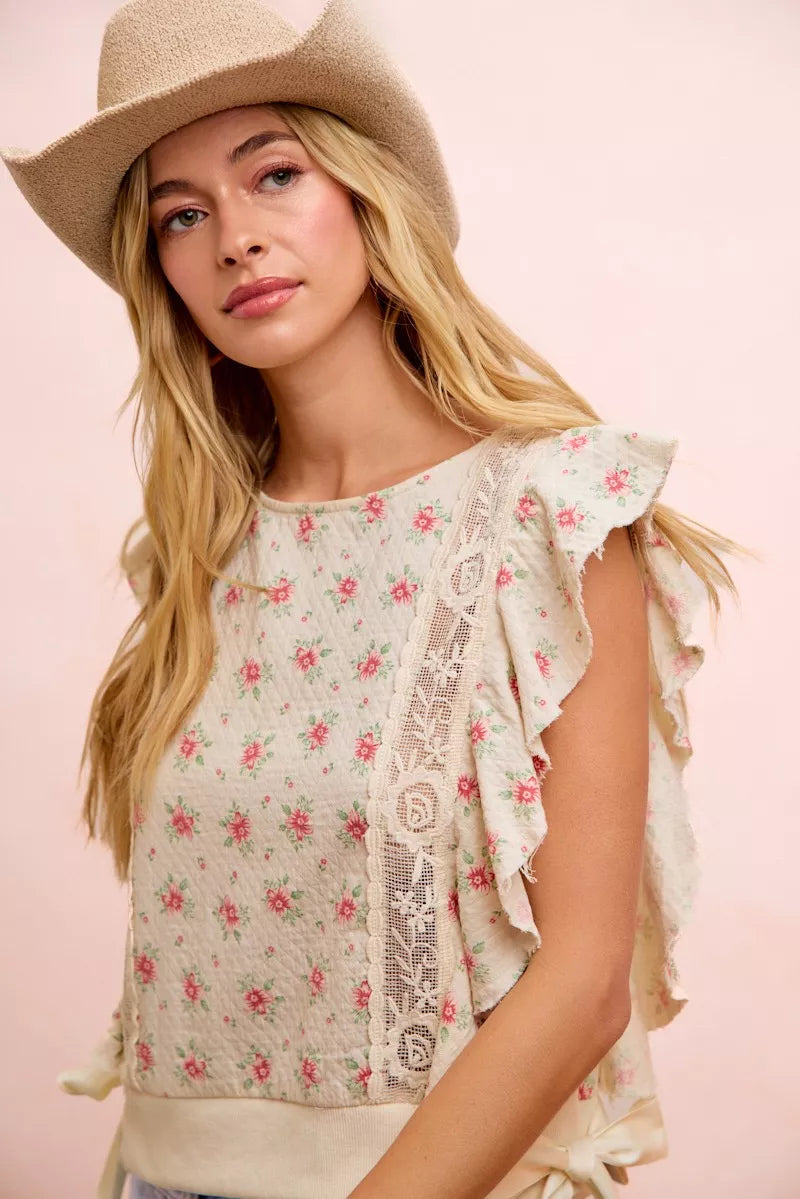 BiBi Flower Printed Ruffle Sleeve Trim Detail Top