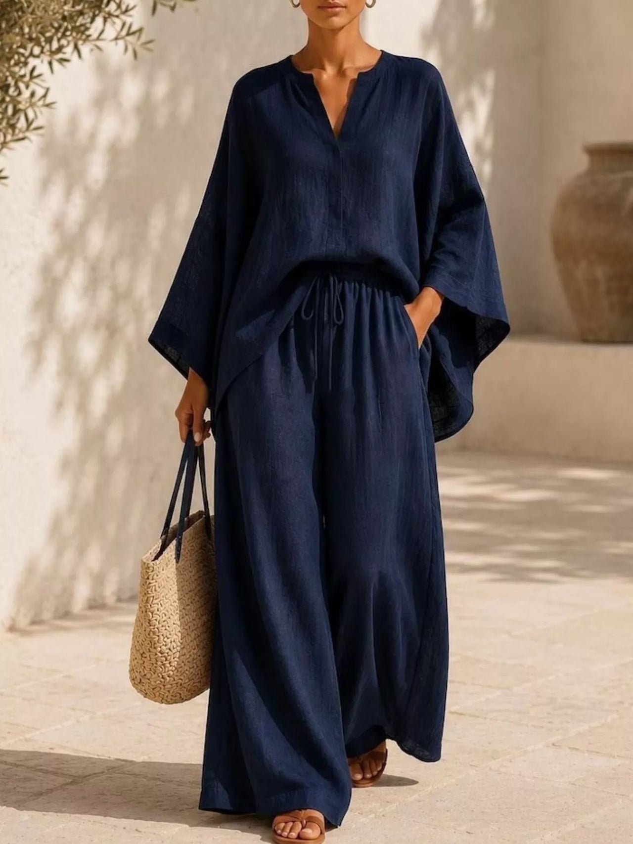 Full Size Notched Long Sleeve Top and Wide-Leg Pants Set Plus Size
