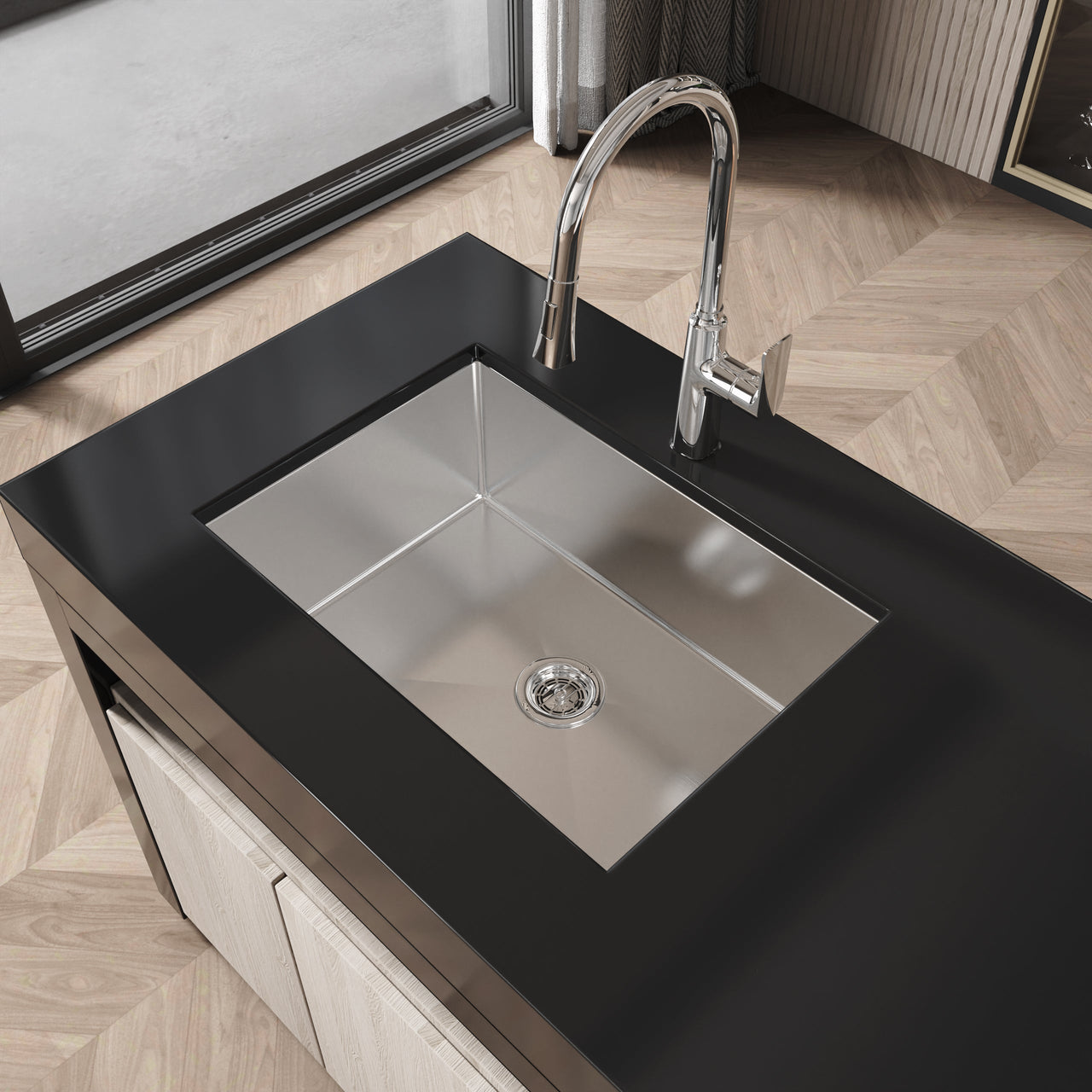 Stainless Steel Kitchen Sink, 27″x19″ Single Bowl, Undermount Handmade Sink in Brushed Nickel, with US Standard Drain and Hook, LS-SSBR06