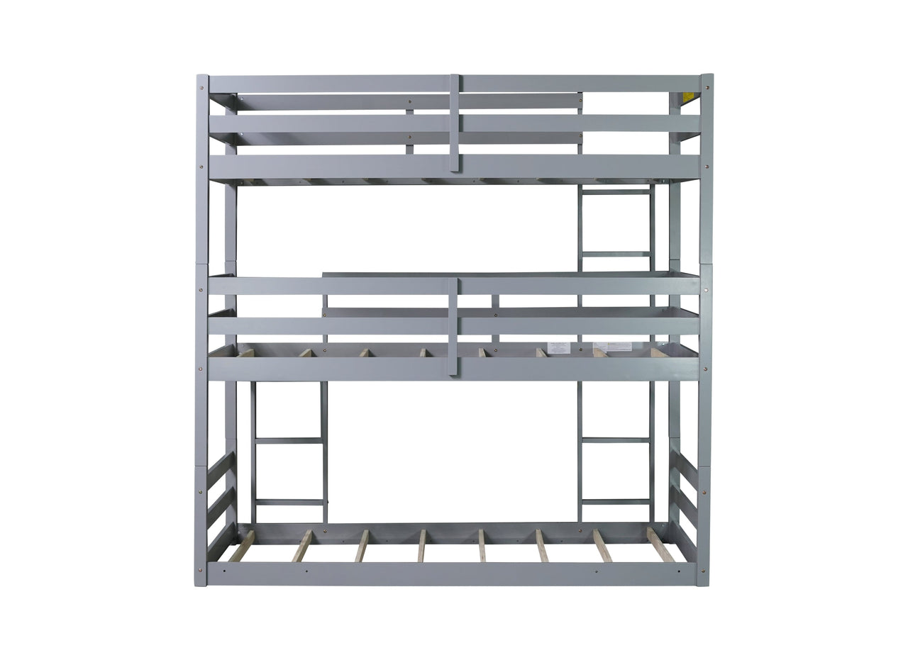 Triple Rubber Wood Bunk Bed with Two Built-in Ladders, Guardrails, Twin over Twin over Twin, Detachable Triple Twin Bunk Bed,Grey