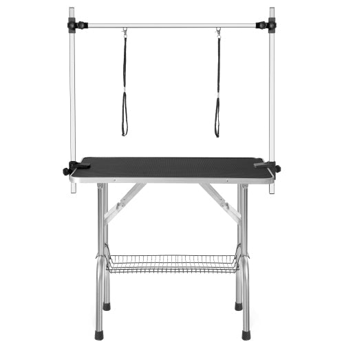 Professional Dog Grooming Table Large Adjustable Heavy Duty Portable with Arm and Noose Mesh Tray in Black Stainless Steel