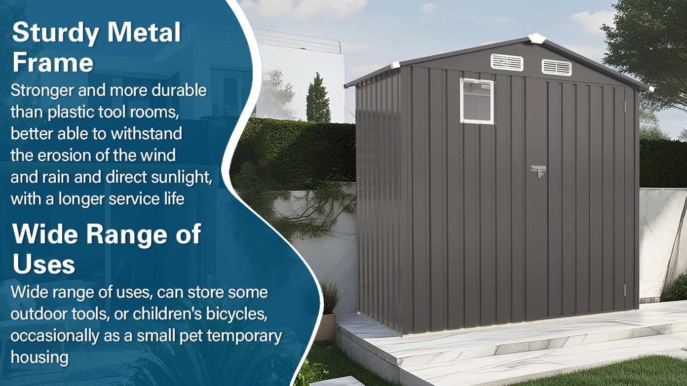 6X3.5FT Compact Metal Outdoor Storage Shed with Peaked Roof and Lockable Door, Gray,