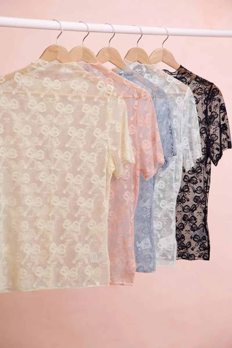 BiBi High Neckline Short Sleeves Bow Pattern Mesh Top