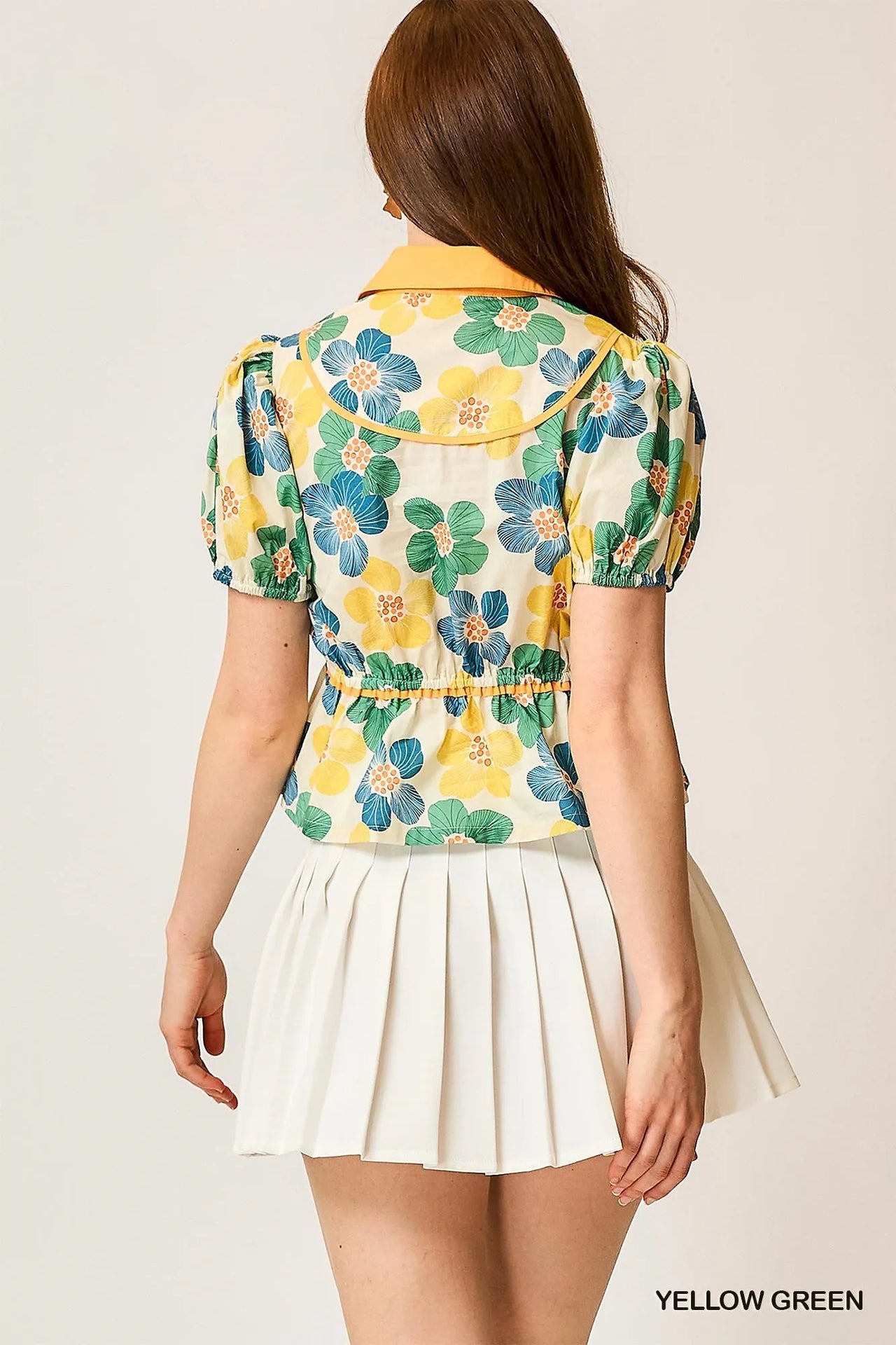 Umgee Floral Print Puff Sleeve Cropped Blouse
