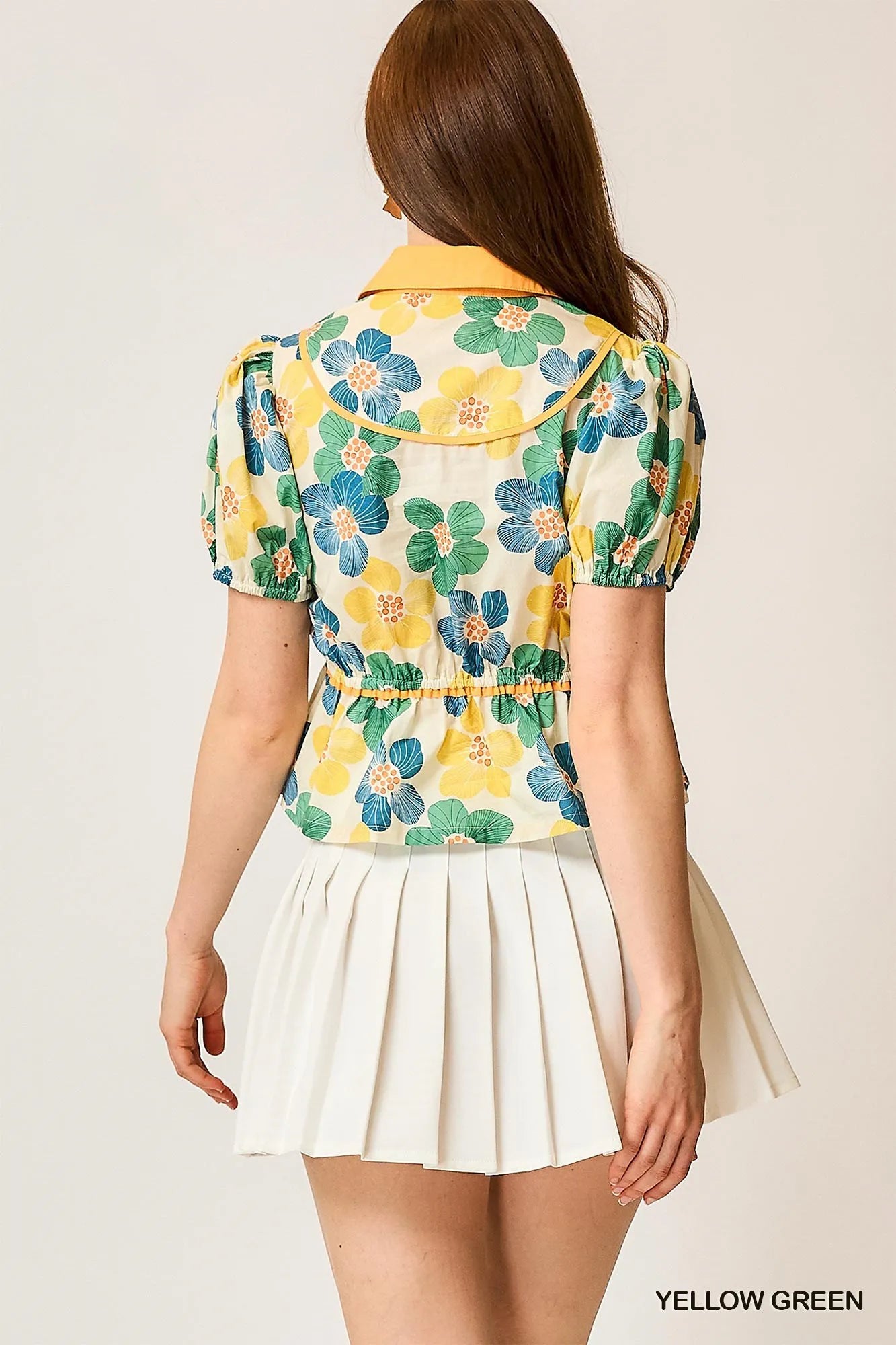 Umgee Floral Print Puff Sleeve Cropped Blouse
