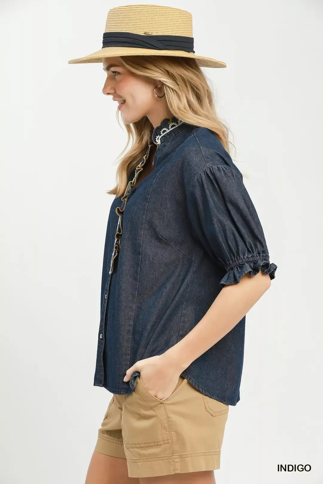 Umgee Chambray Scalloped Trim Button Front Blouse