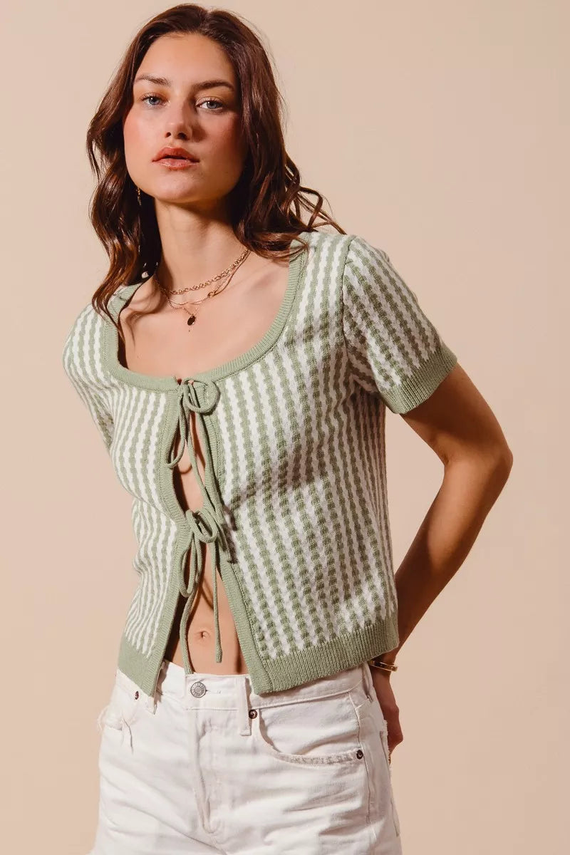 SO ME Tie Front Textured Vertical Stripe Knit Cardigan
