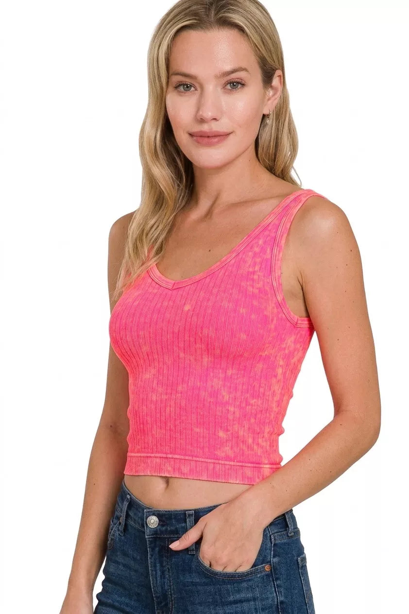 Zenana Washed Ribbed Seamless Cropped V-neck Tank Top