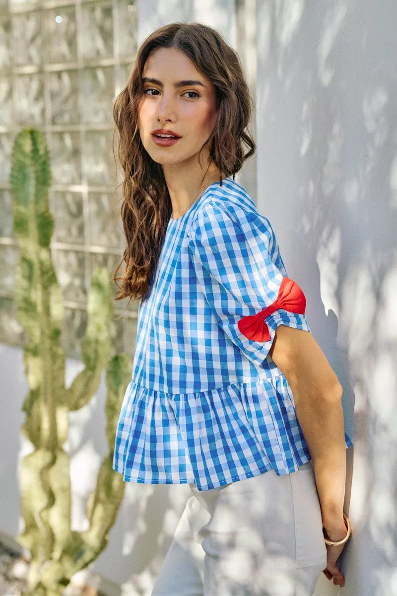 SO ME 4th Of July Gingham Ribbon Detail Short Sleeves Blouse
