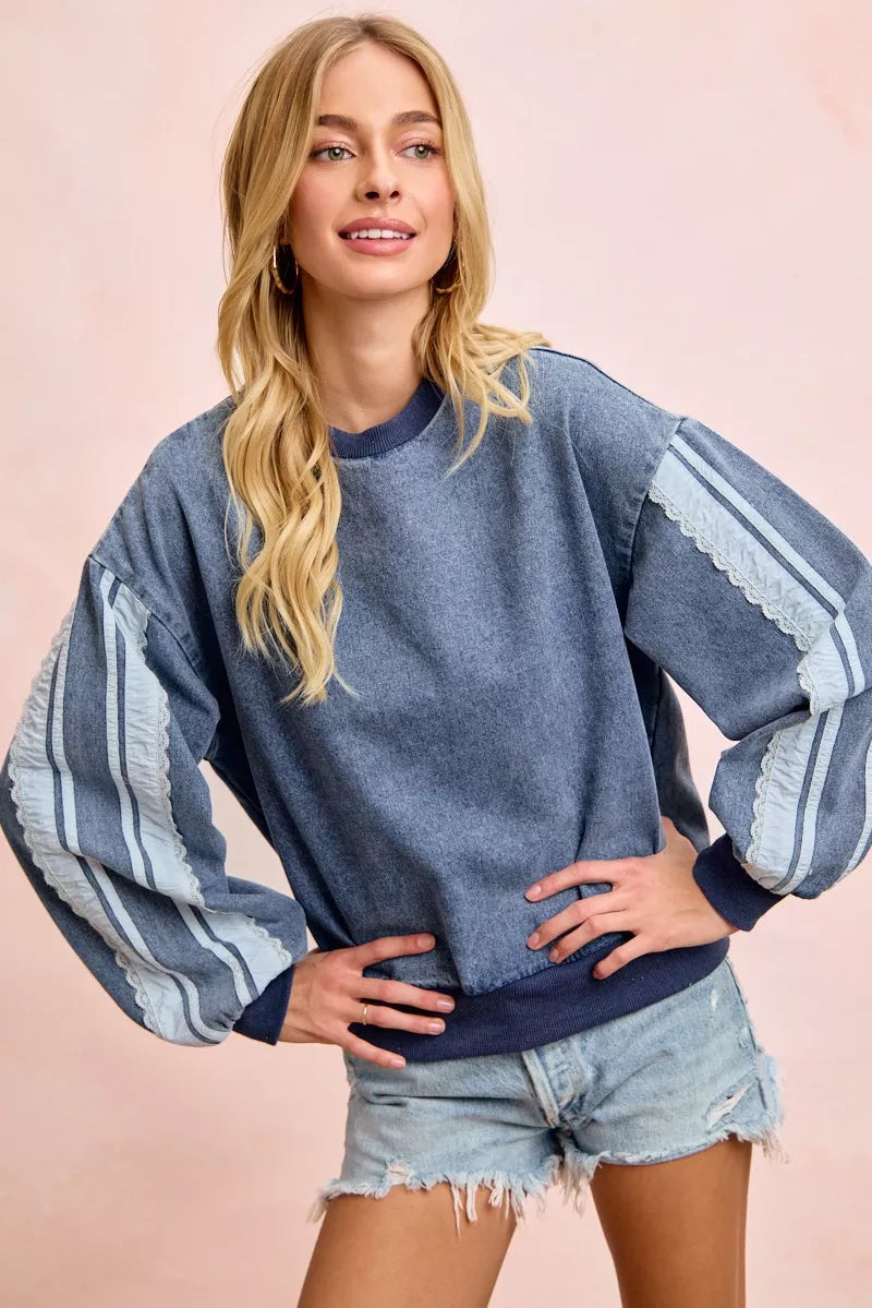 BiBi Washed Denim Lace Contrast Sided Sweatshirt