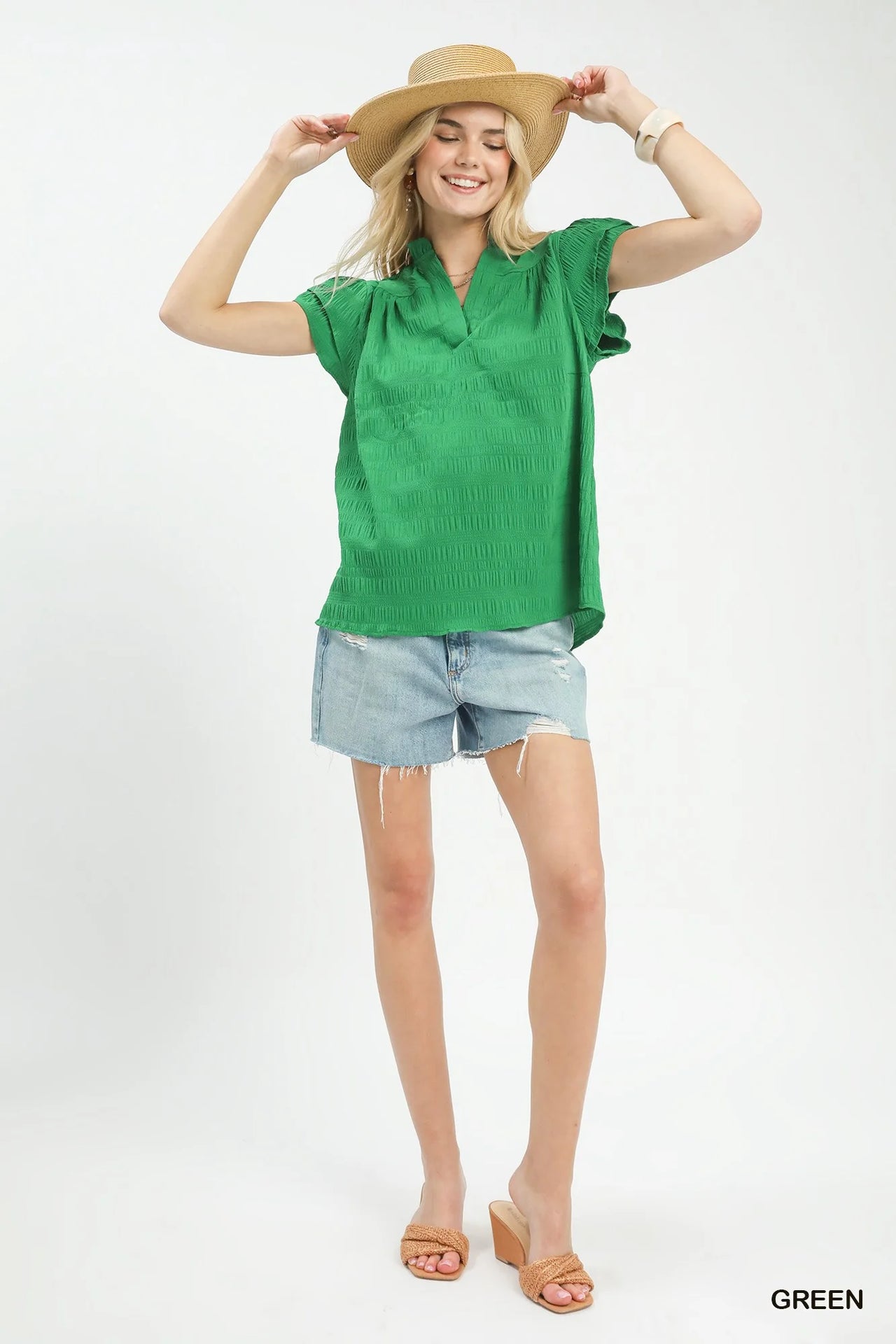 Umgee Textured Flutter Sleeve Split Neck Top