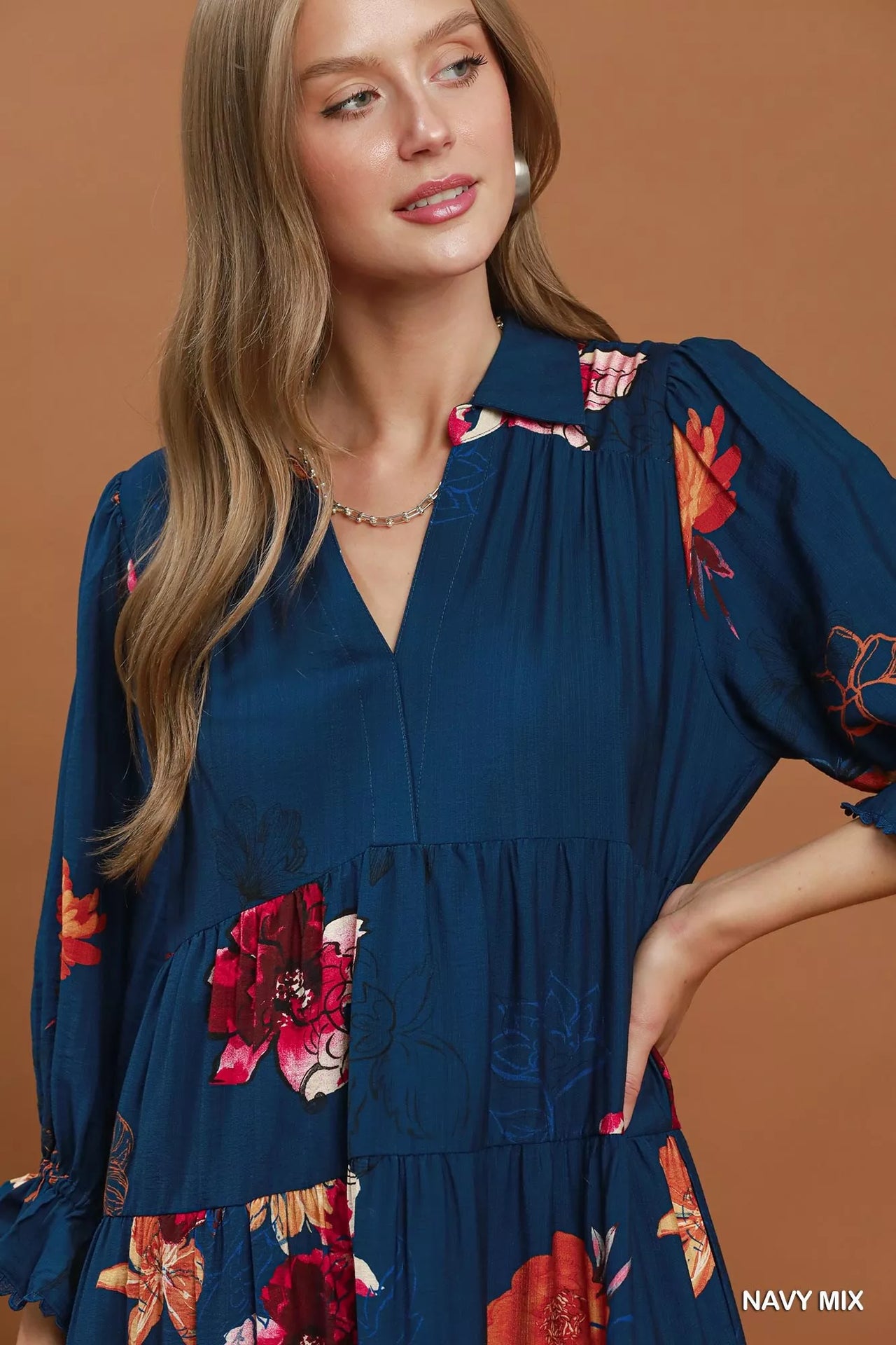 Umgee Floral Print Tiered Midi Dress with Puff Sleeves