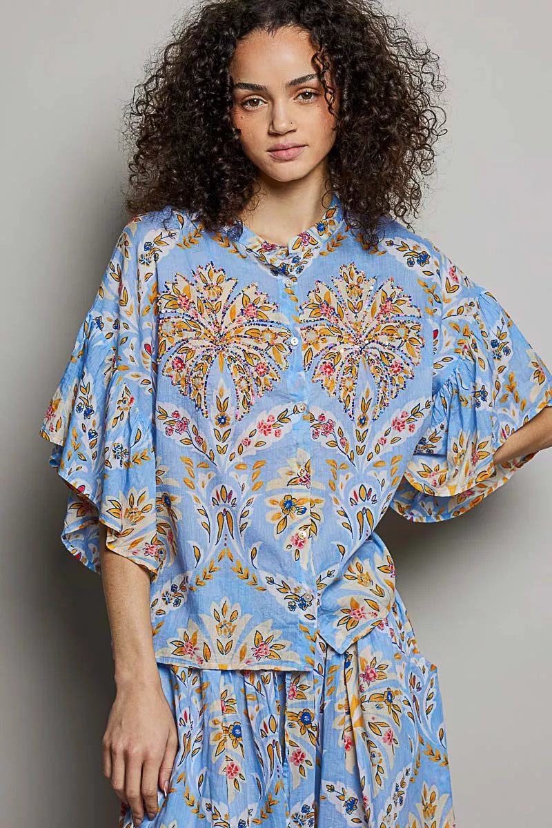 POL Floral Printed Woven Ruffle Sleeve Shirt