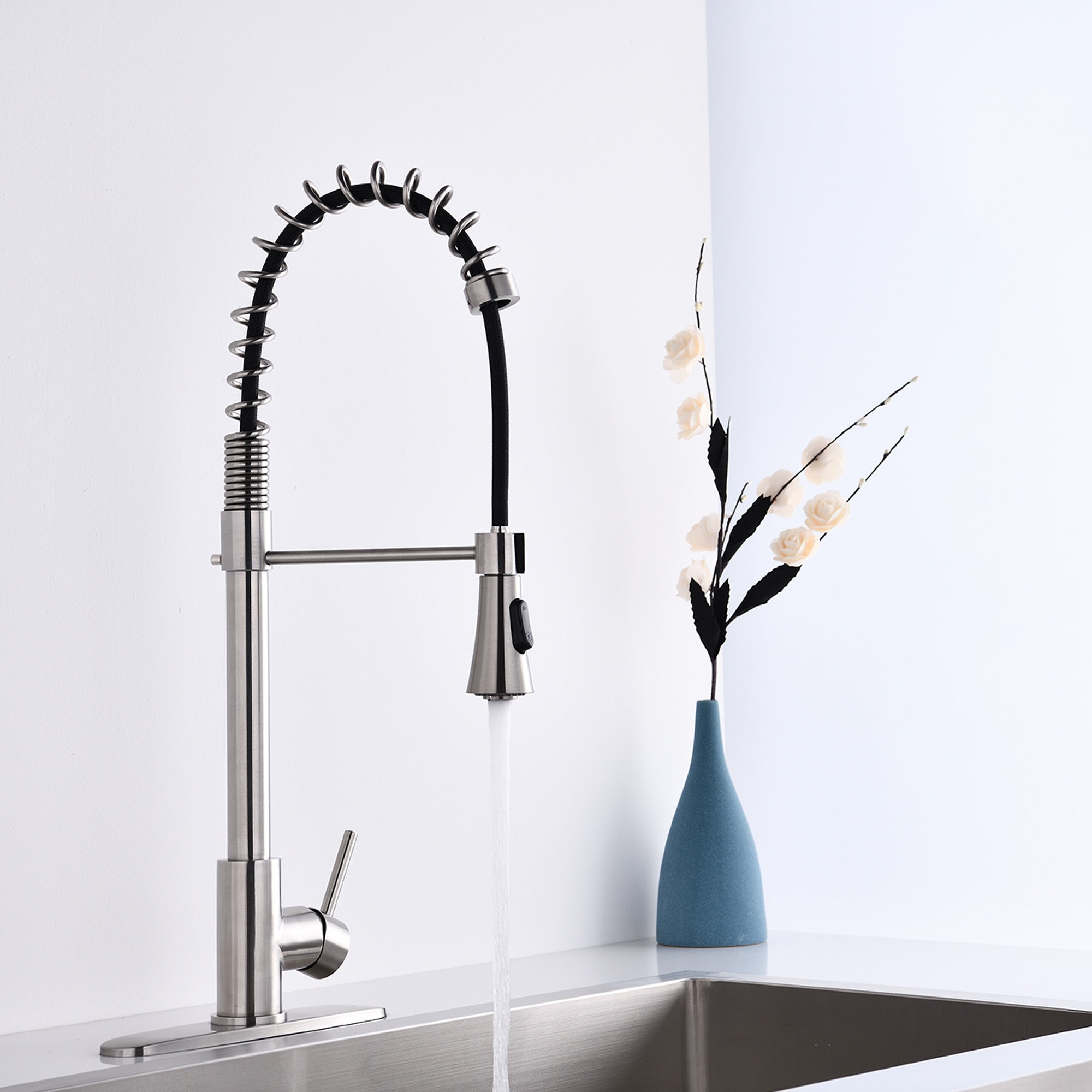 Modern Brushed Nickel Single Handle Spring High Arc Kitchen Faucet with Water Filter System, Stainless Steel