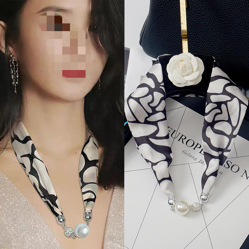 Magnetic Buckle Silk Women Scarf Pearl Necklace (See size chart where applicable)