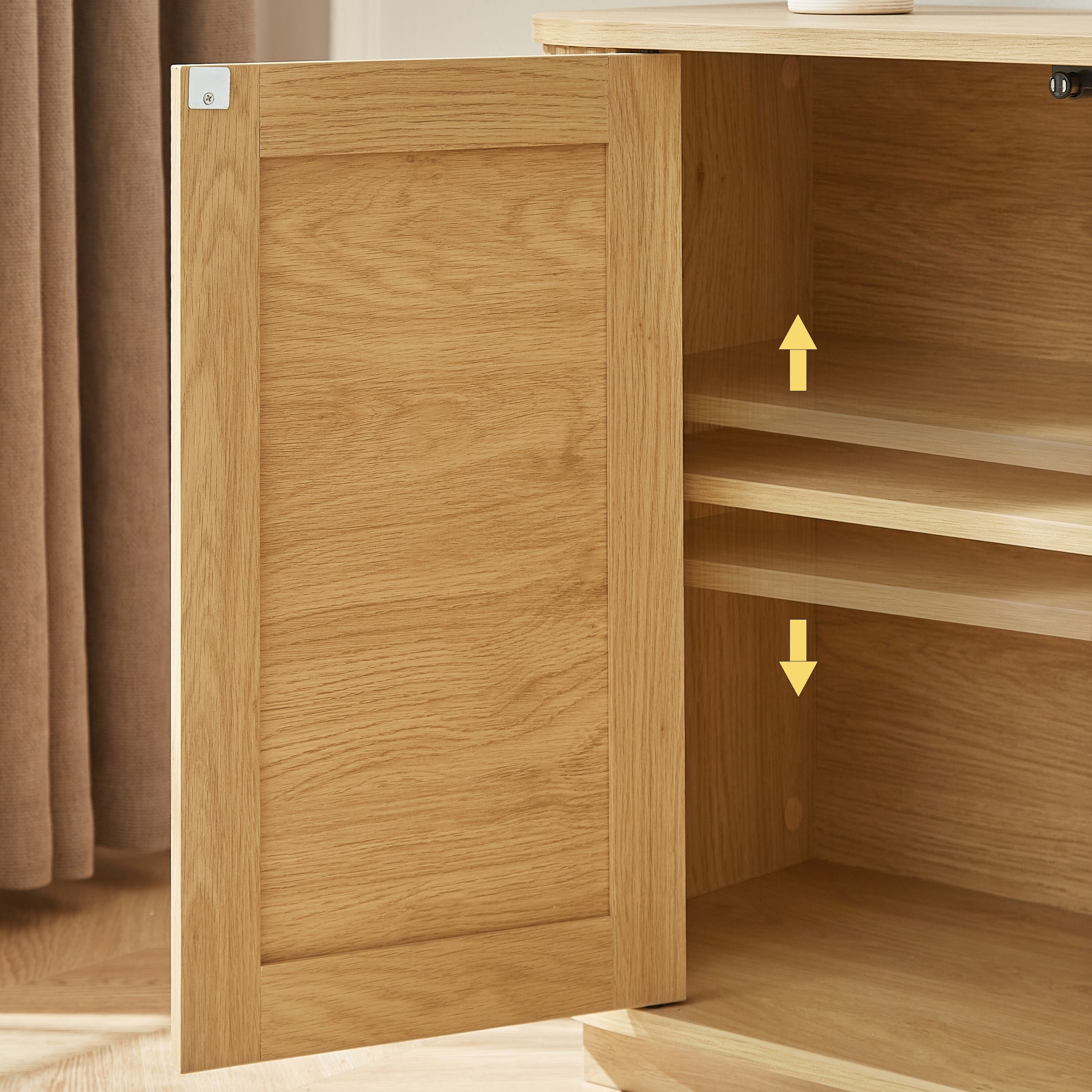 Contemporary Wave Shaped 64-Inch TV Stand with Rattan Doors in Natural Wood Finish
