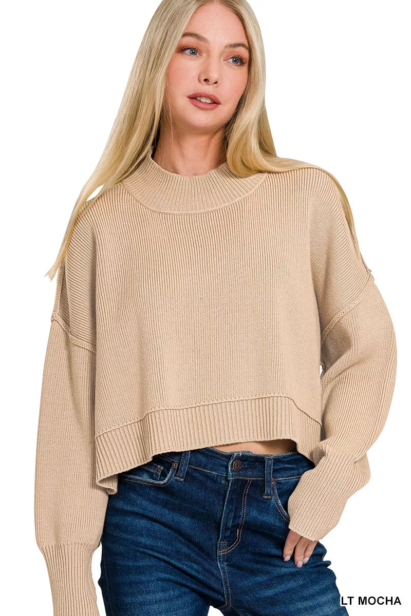 Zenana Side Slit Oversized Cropped Sweater