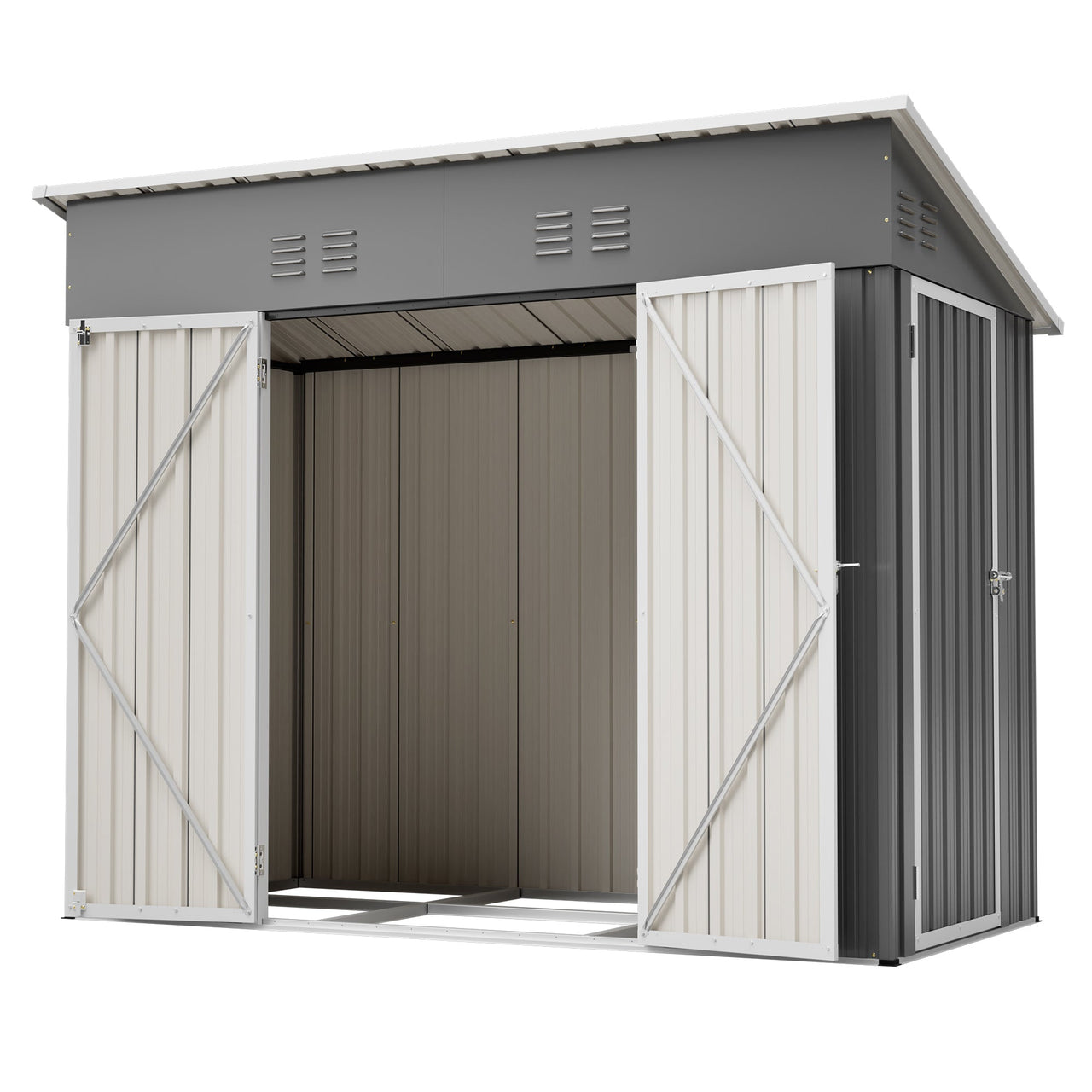 4x8 Slope-Roof Reinforced Storage Shed with Weatherproof Sloping Roof & 4 Air Vents, Heavy-Duty Sturdy Metal Frame, Left/Right Optional Door, Outdoor Tool Shed Warehouse for Garden Storage Pet House