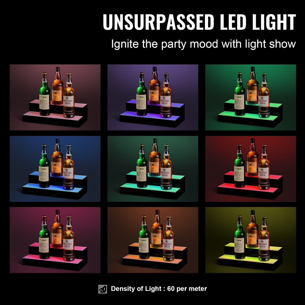 LED Lighted Liquor Bottle Display Bar Shelf RF & App Control 16' 2-Step