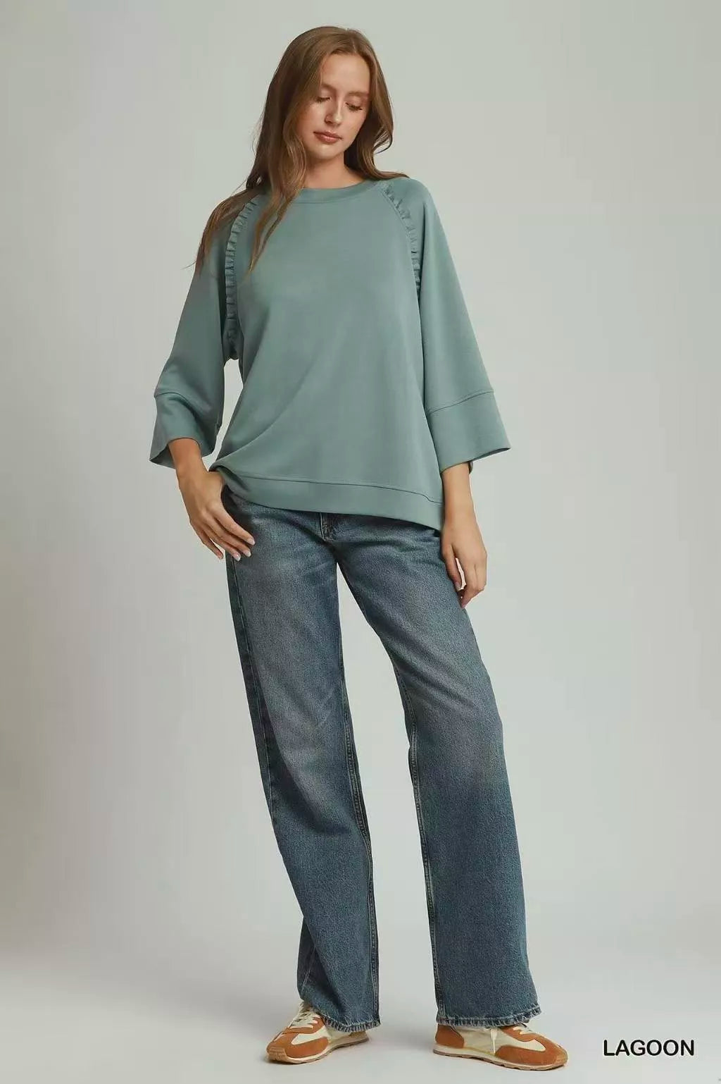 Umgee Ruffle Trim 3/4 Raglan Sleeve Top