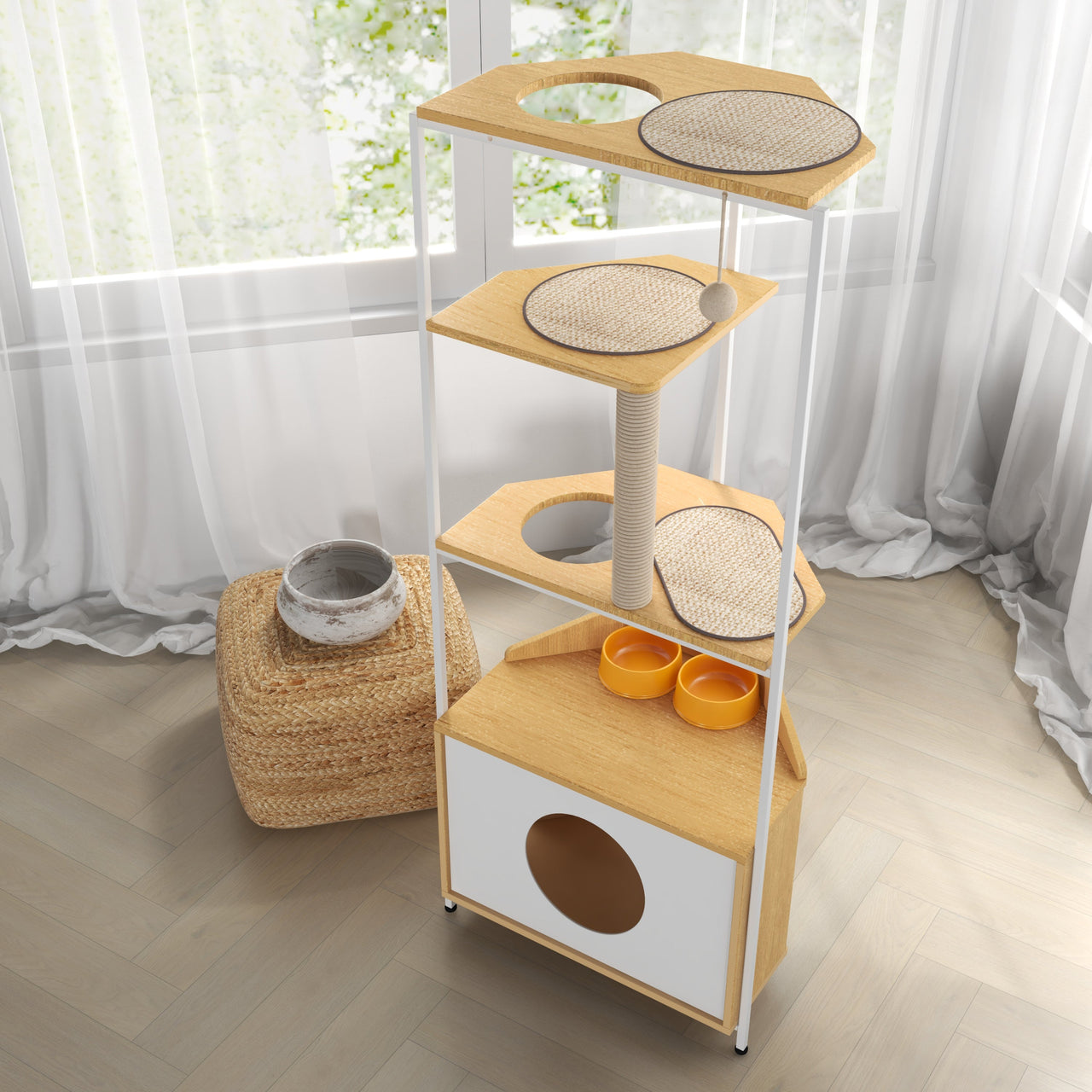 Modern Corner Cat Tower with Scratching Post, Cat Condo and Feeding Station, White and Light Oak Particle Board, 58.27-inch Height