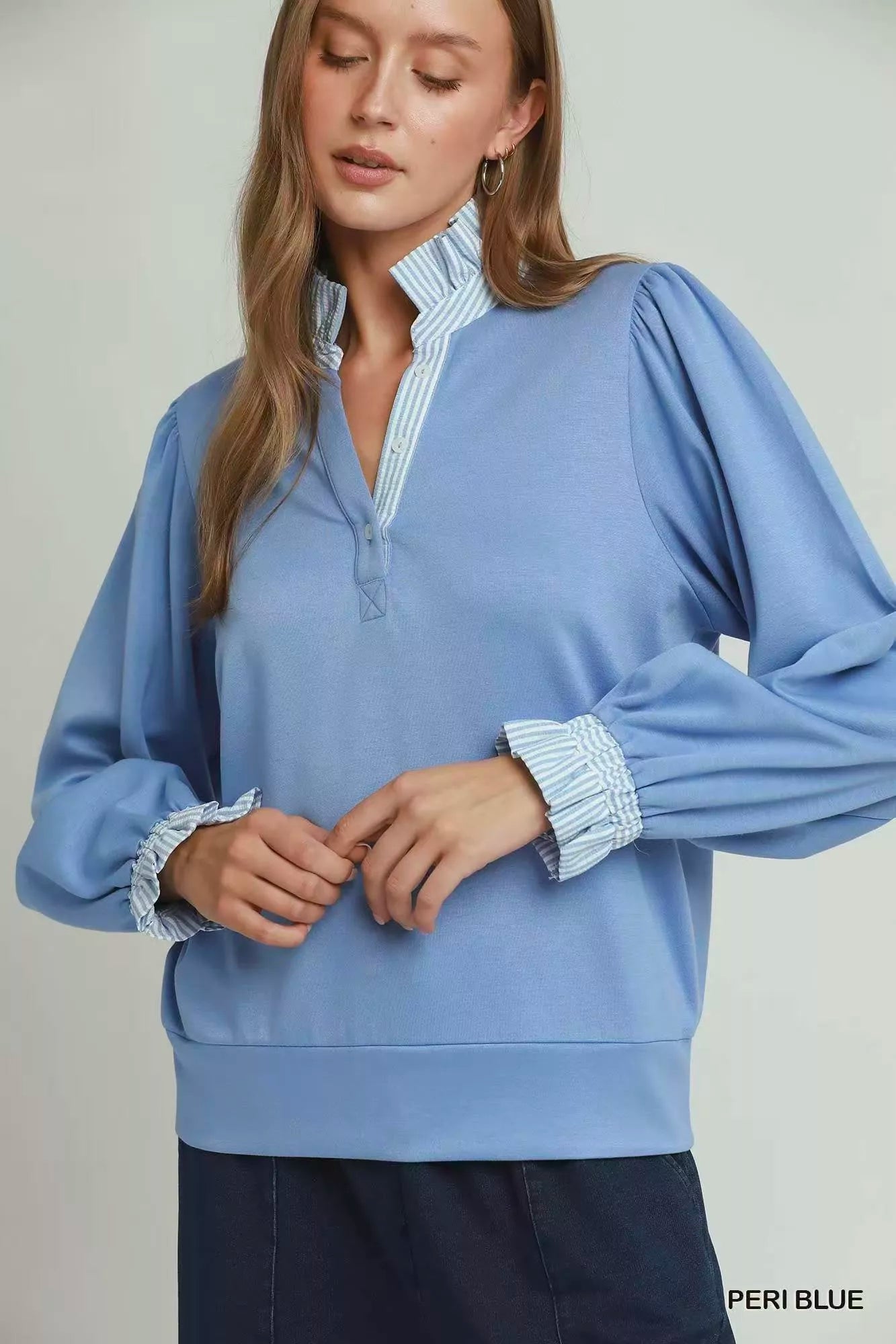 Umgee Stripe Ruffle Neck Long Sleeve Top