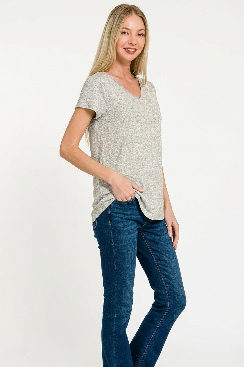Zenana Rayon Short Sleeve V-neck Round Hem Top