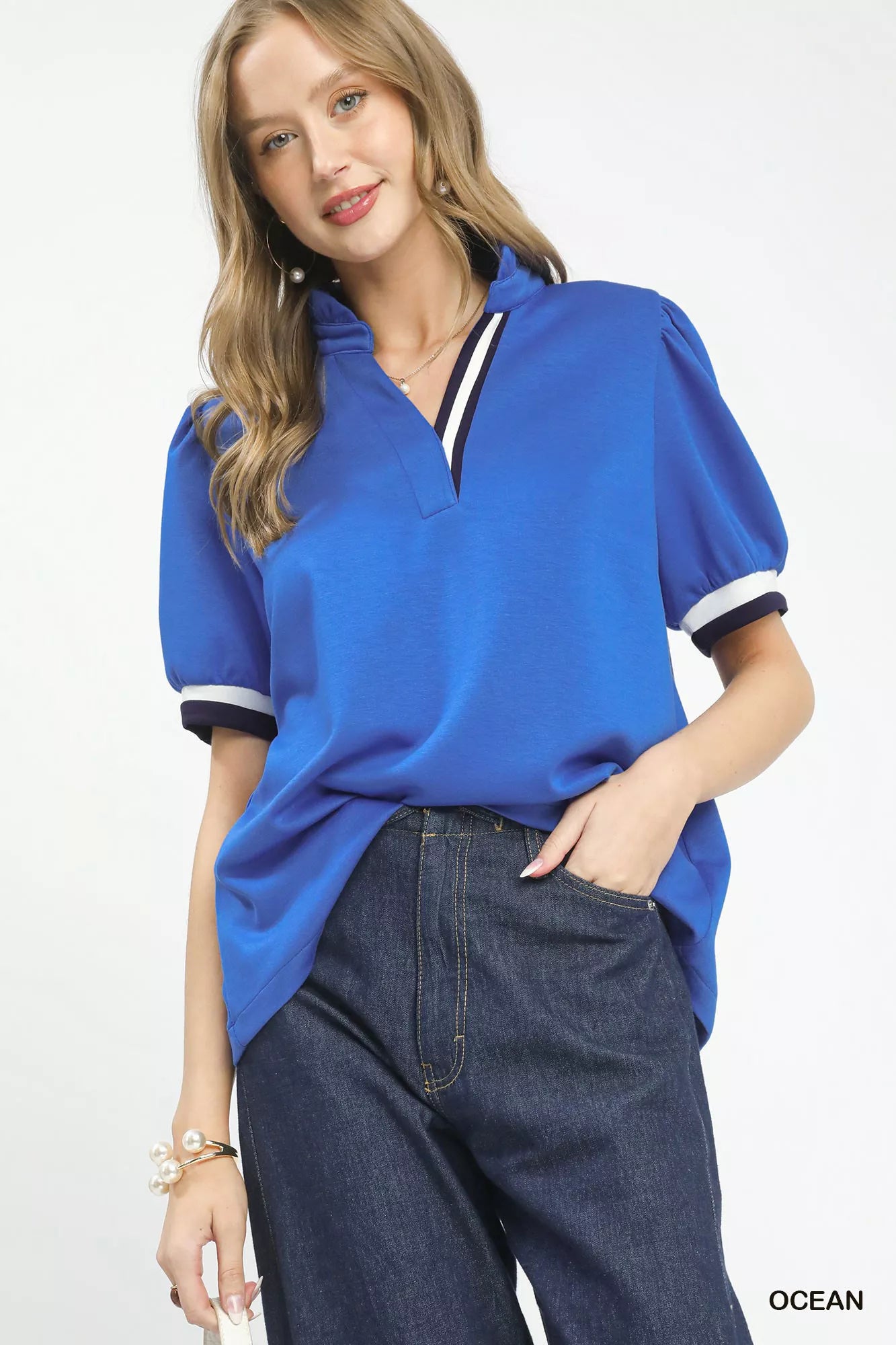 Umgee Luxe knit Contrast Trim Puff Sleeve Top