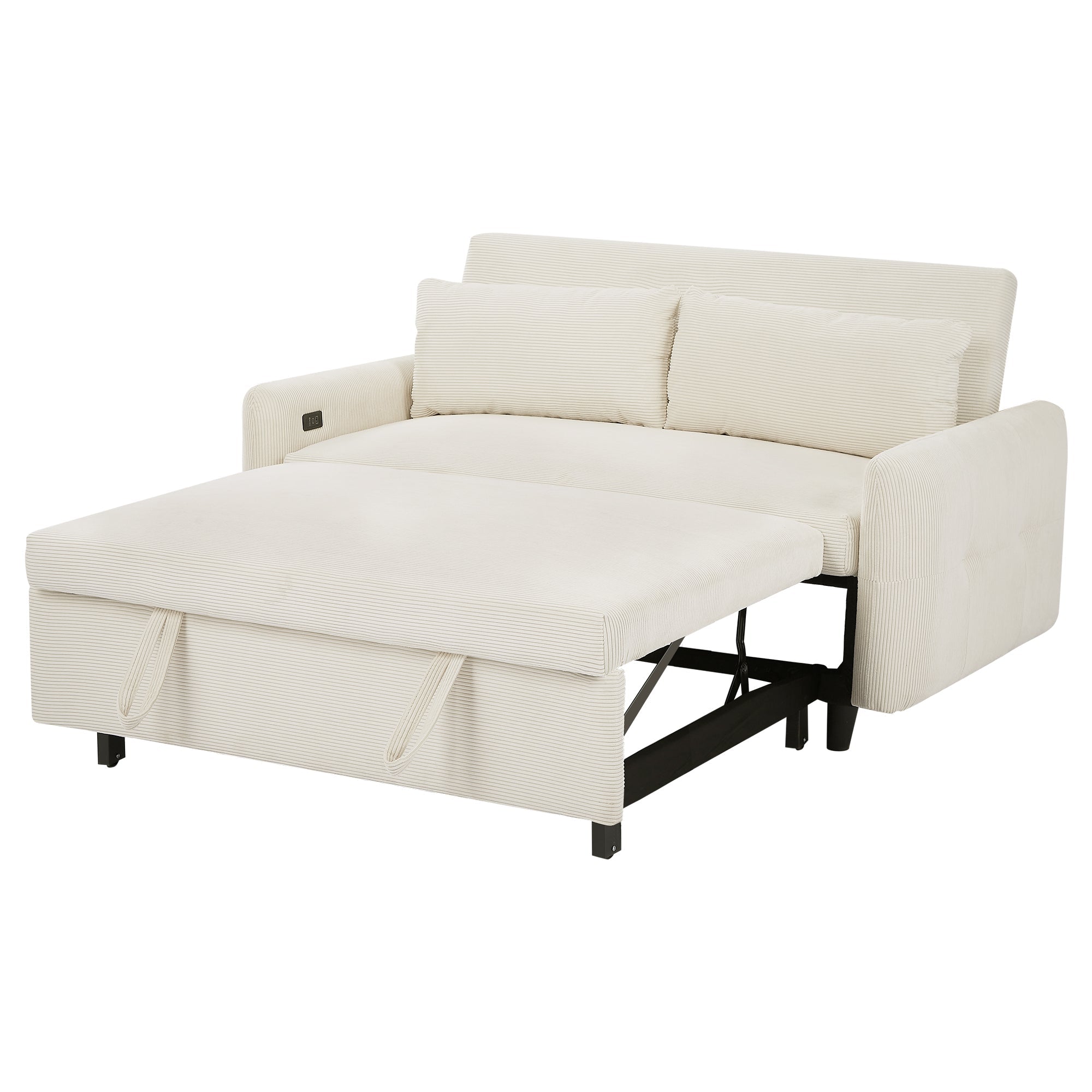 Modern Convertible Pull-out Sofa Bed with USB Ports and Pillows, Beige Corduroy, 57.48 inches