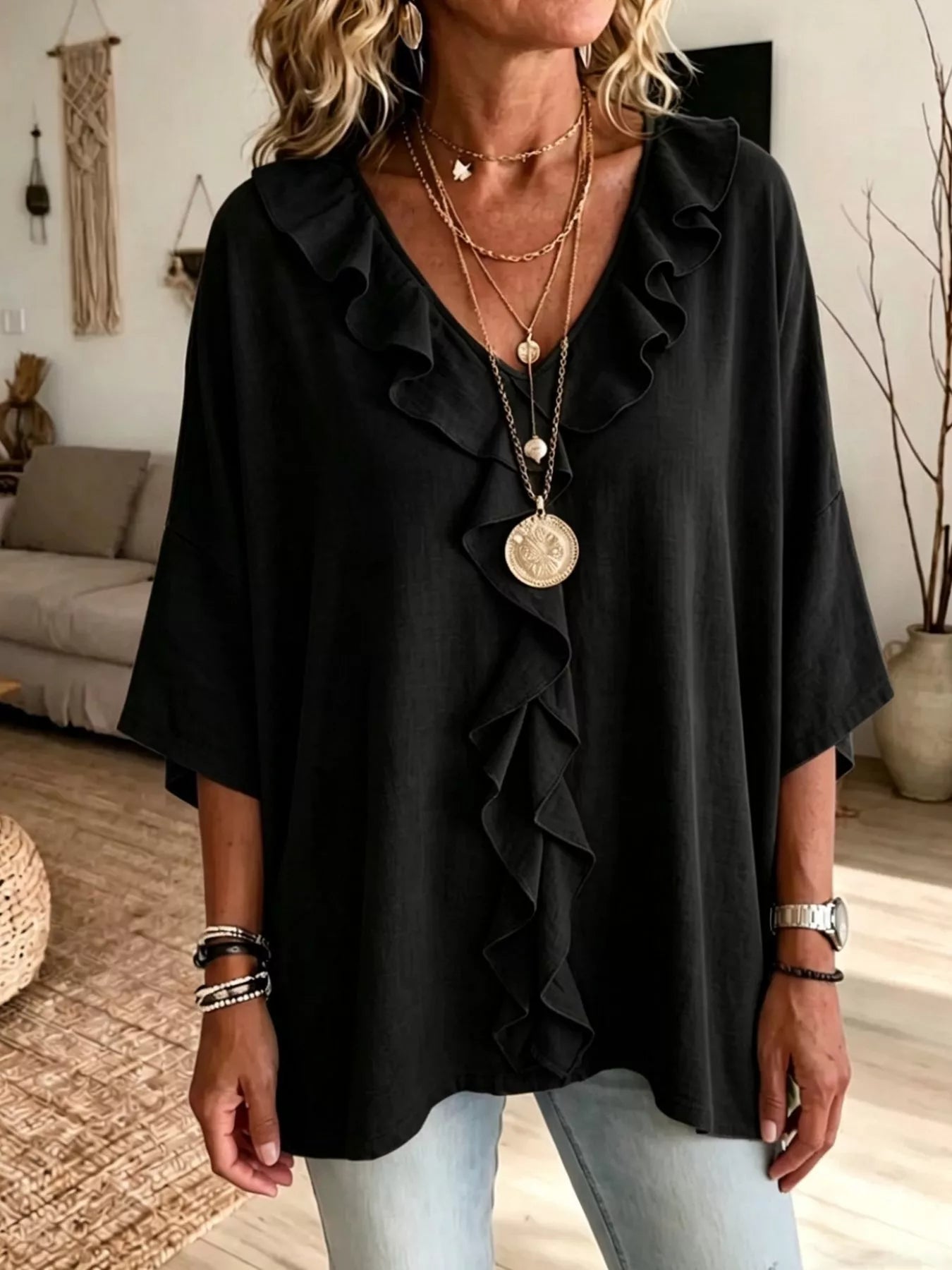 Full Size Ruffle V-Neck 3/4 Sleeve Blouse Plus Size