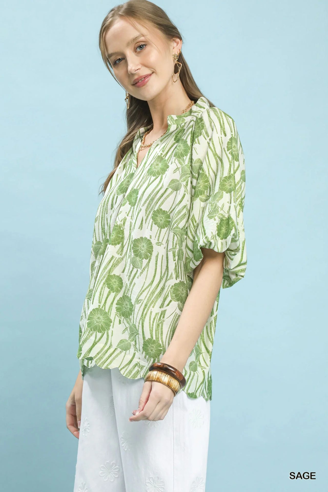 Umgee Floral Scalloped Edge Puff Sleeve Blouse with High-Low Curved Hem