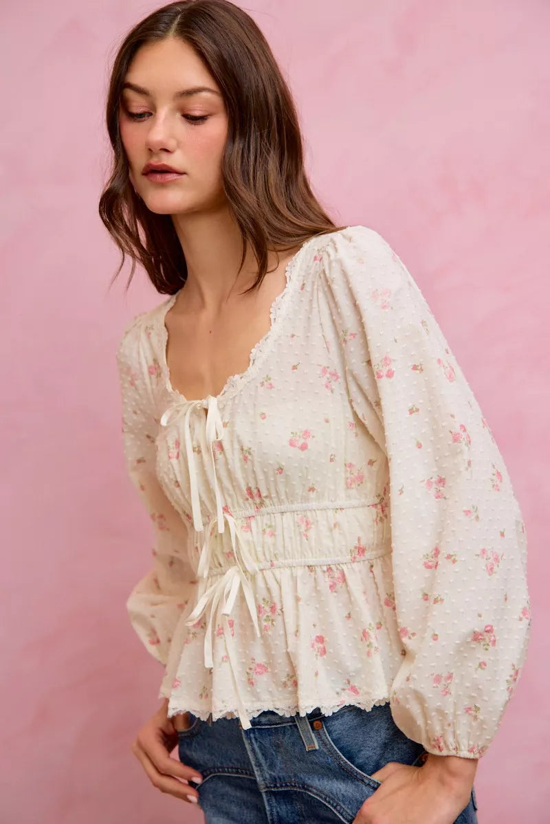 SO ME Floral Clip Dot Lace Trim Ruched Bodice Blouse