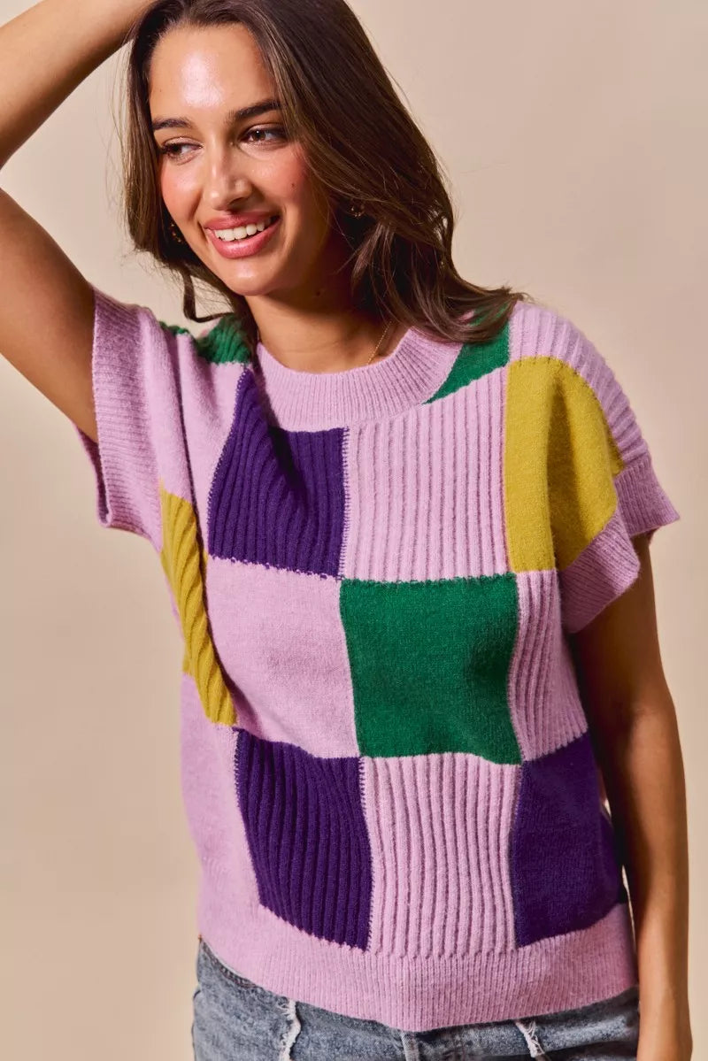 SO ME Mardi Gras Check Plaid Casual Sweater Top