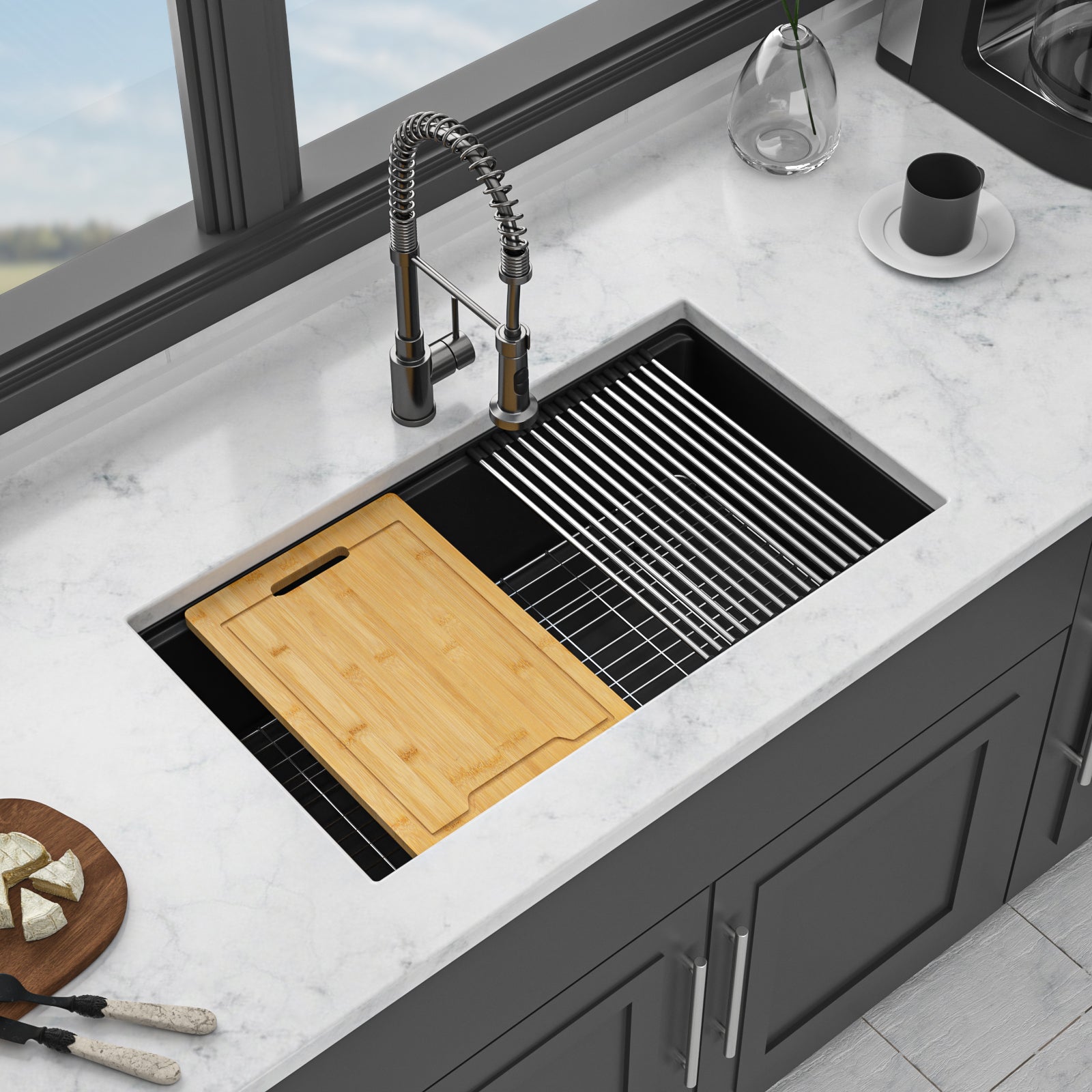 Quartz Kitchen Sink - 30' x 19' Black Granite Composite Workstation Undermount Kitchen Sink