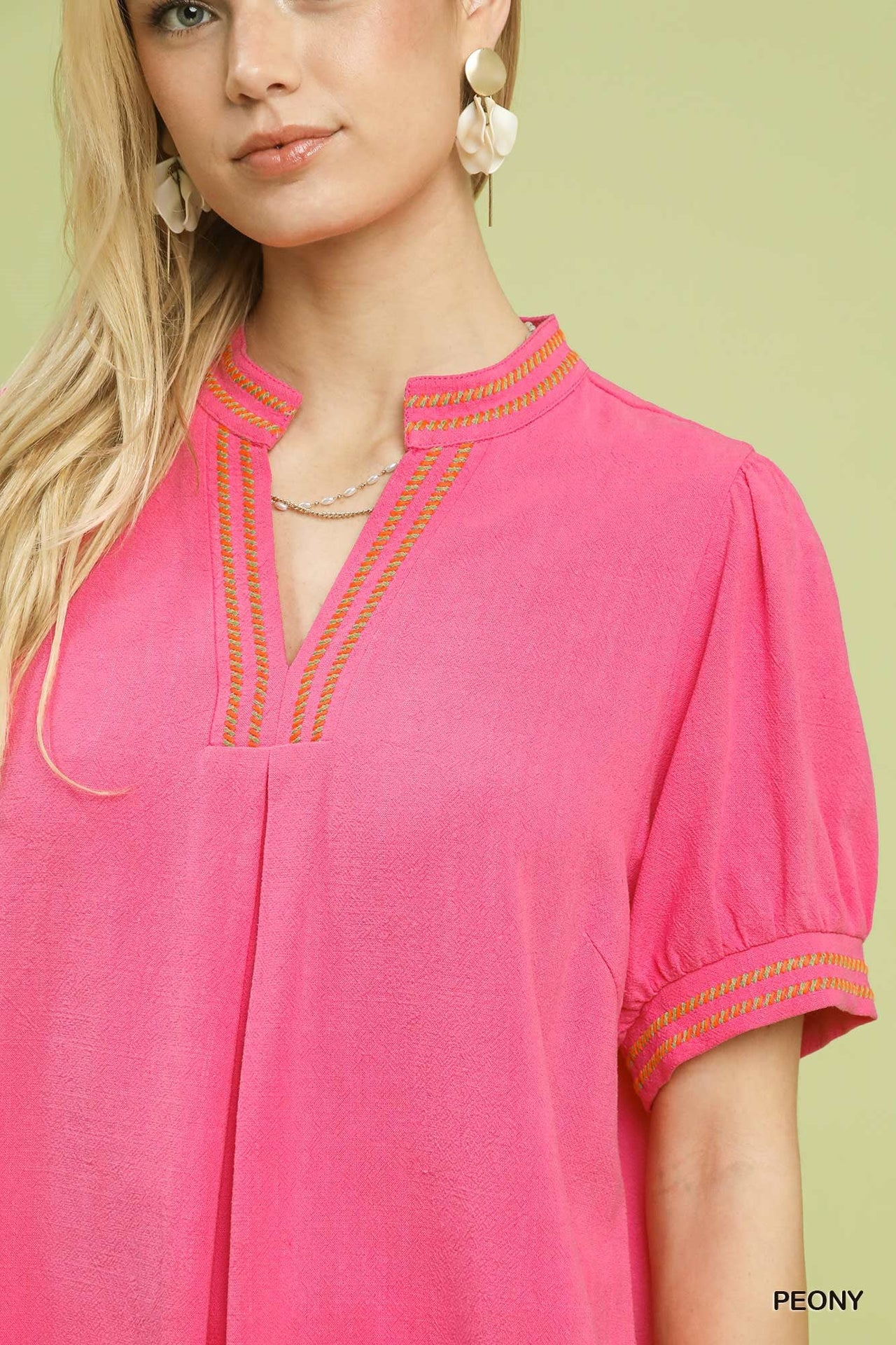 Umgee Embroidery Linen Puff Sleeve Blouse