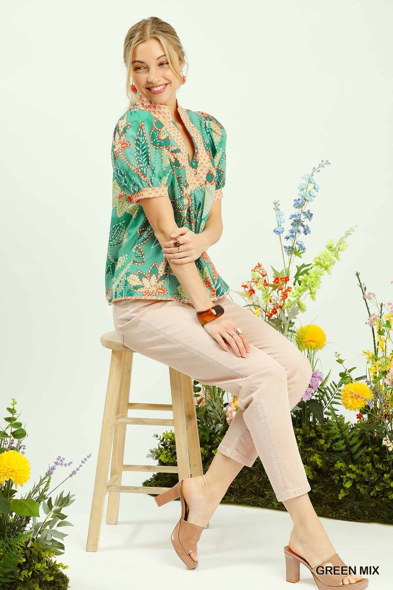 Umgee Mixed Abstract Print Puff Sleeve Blouse